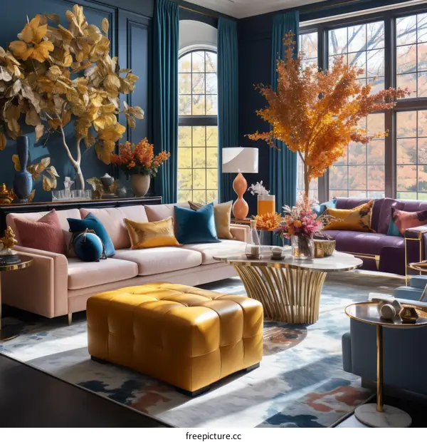 Elegant Blue and Gold Living Room with Large Windows and Lots of Plants