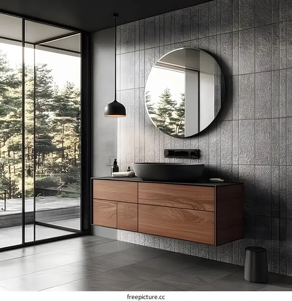 Modern Bathroom Design with Large Round Mirror and Black Pendant Light