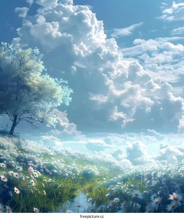 White flowers bloom on a hill