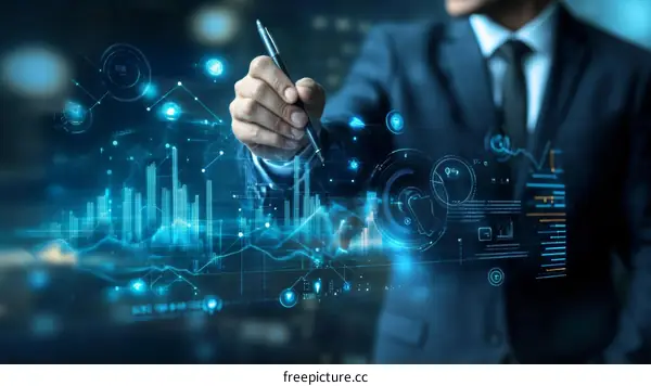 Businessman interacting with futuristic data visualization