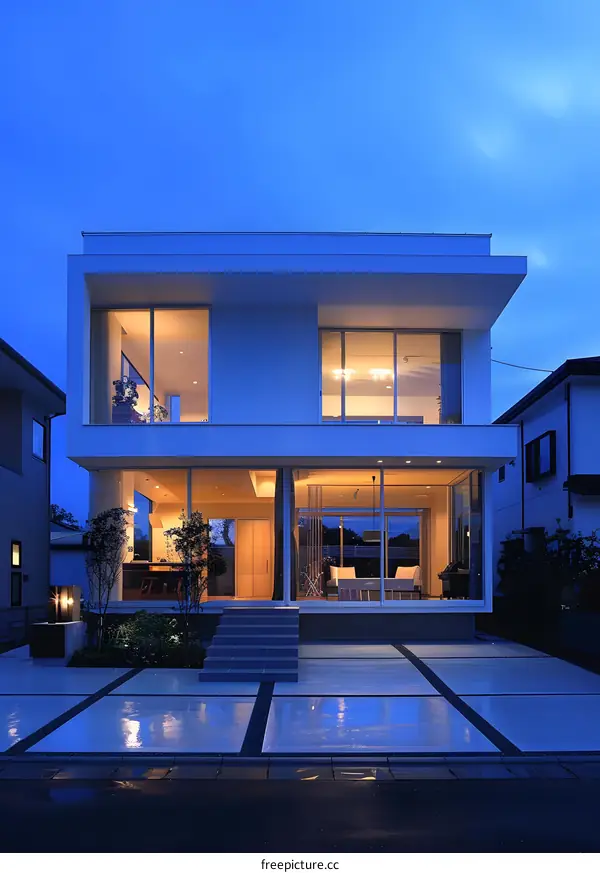Modern White House with Large Windows at Dusk