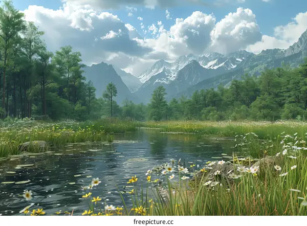 River Valley Landscape Between Mountains and Forest