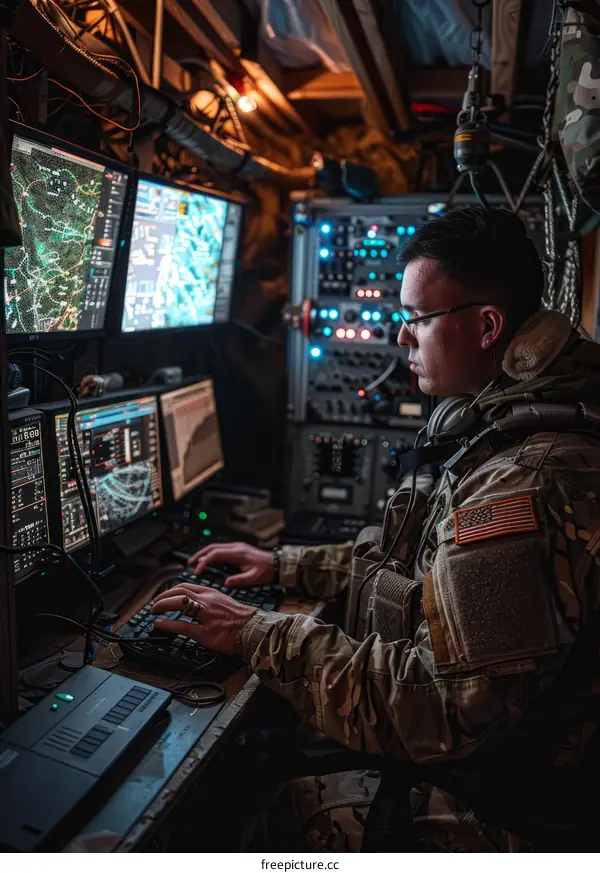 A soldier works at a computer station in an undisclosed location.