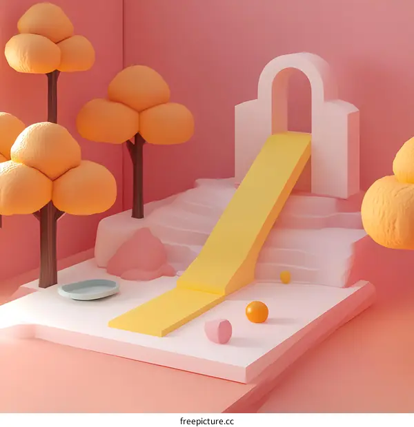 3D Rendered Minimalist Abstract Playground Scene with Pink and Yellow Colors
