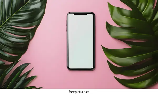 Mockup of a Smartphone with Tropical Leaves on Pink Background