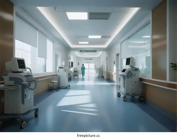 A clean and bright hospital corridor with medical equipment