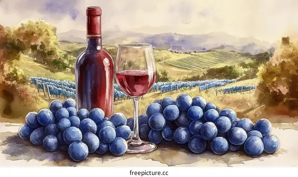 Watercolor Painting of Wine Grapes and Vineyard Landscape