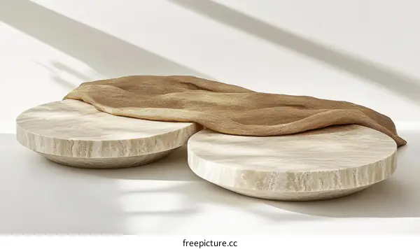 Two Modern Round Onyx Trays with Draped Fabric