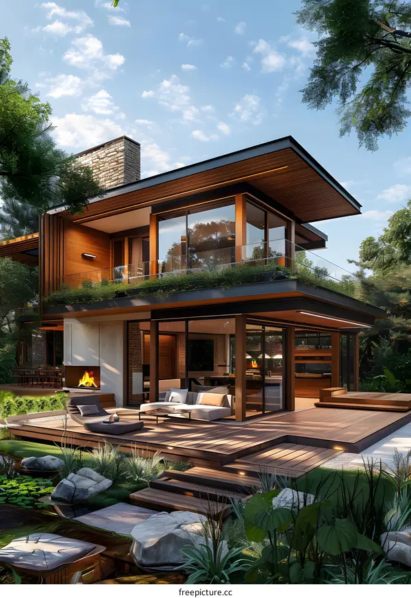 Modern House Exterior Design with Large Glass Windows and Wooden Deck
