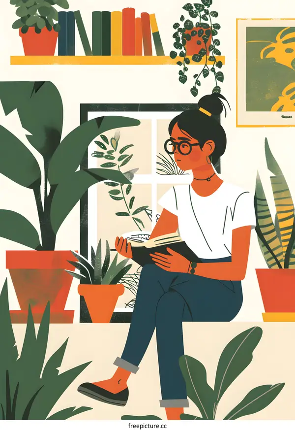 Woman Reading in a Room with Plants