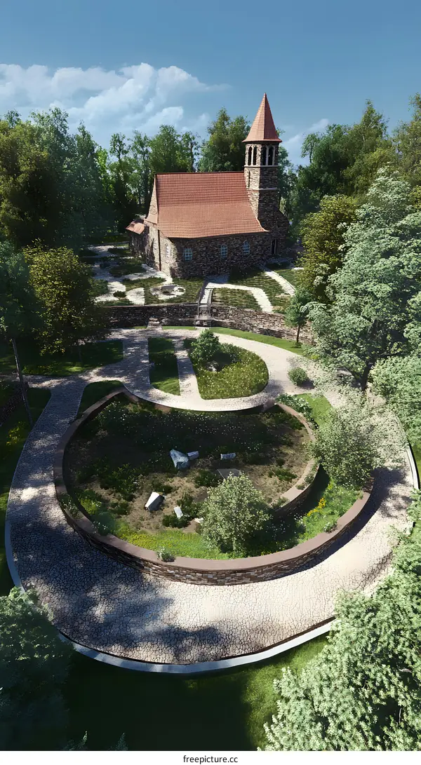 Stone Church with Winding Pathways Surrounded by Trees