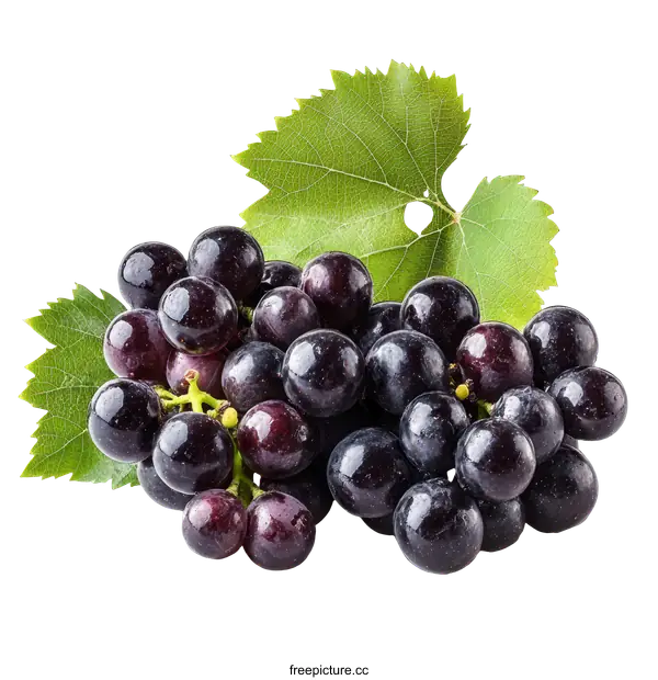 [Transparent Background PNG]Fresh Cluster of Dark Grapes with Leaves