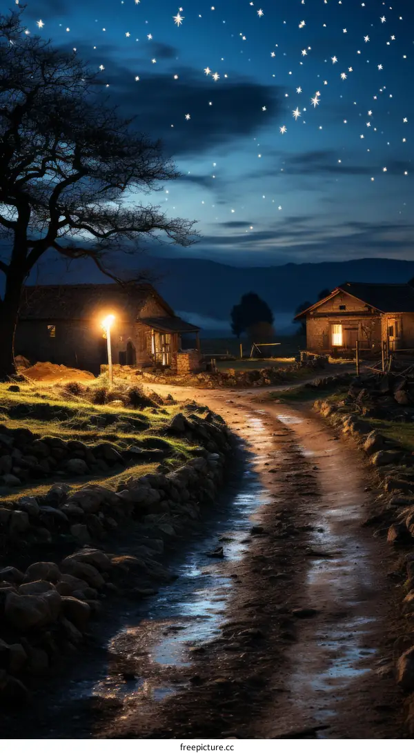 Night View of Village Under Starry Sky