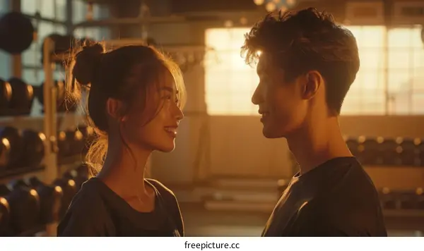 Asian couple smiling at each other in a gym