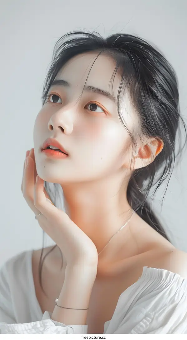 Beautiful Asian Woman Portrait Looking Up with a White Blouse