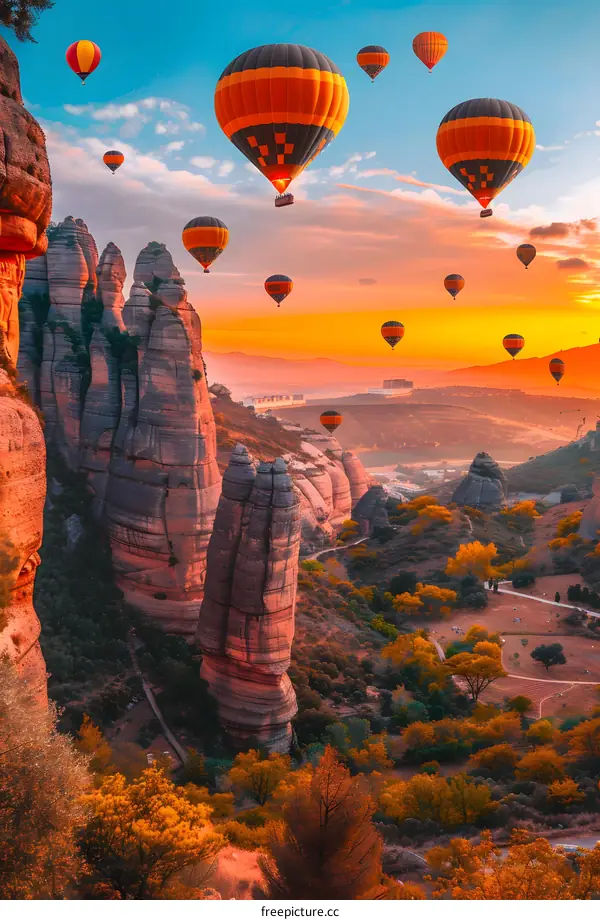 Hot Air Balloons Over Mountain Valley at Sunset