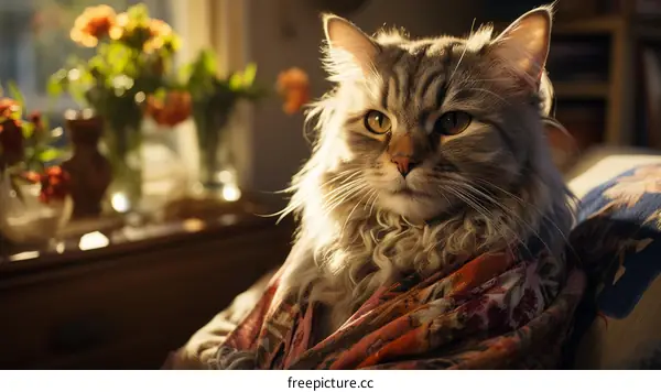 A gray cat is sitting on a chair in front of a window.