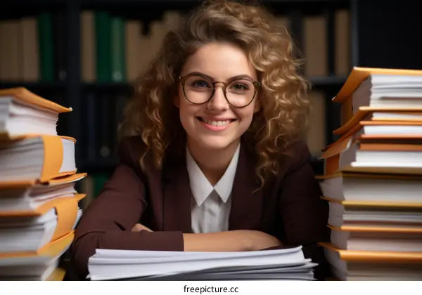 Female student smiling with curly hair and glasses in a library surrounded by books