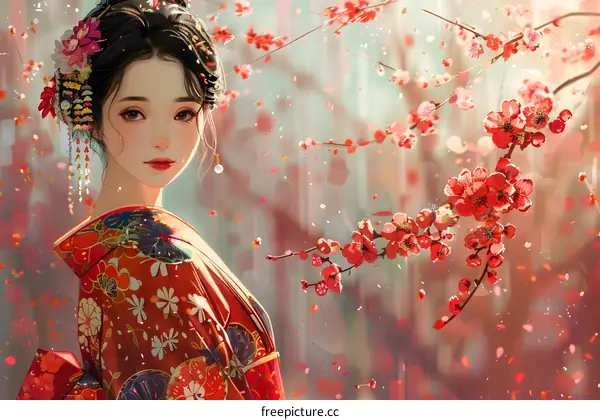Portrait of a beautiful Asian woman in a red kimono standing in a cherry blossom forest