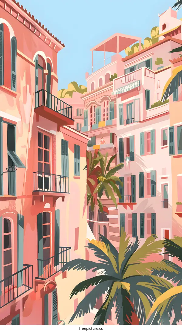 Pink Building Street View with Palm Tree Illustration