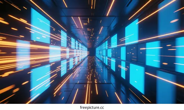 Futuristic Light Speed Corridor with Digital Screens