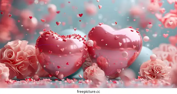 Pink heart-shaped balloons and roses