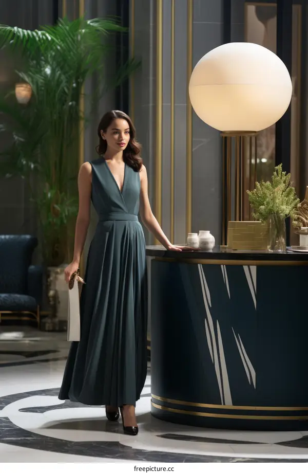 Elegant woman in evening gown standing in a luxurious hotel lobby