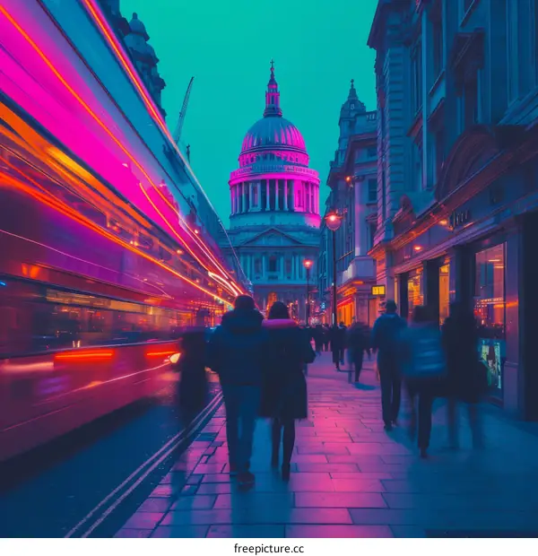 Pink Neon Bus Passing St Paul's Cathedral at Night