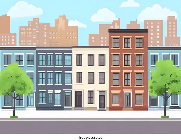 Cityscape Illustration with Row of Colorful Townhouses