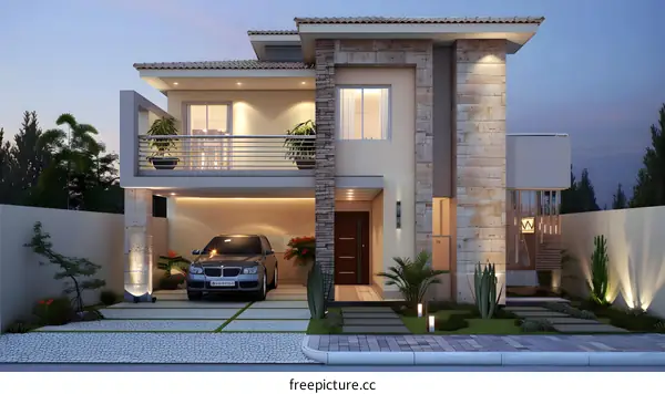 Modern House Exterior Design With Stone Wall And Car