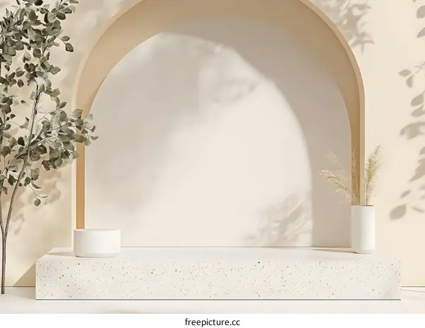 Minimalist Product Display Platform with Arch and Plants