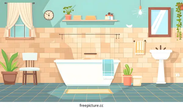 Modern Bathroom Interior Design Illustration with Tub, Sink and Plants