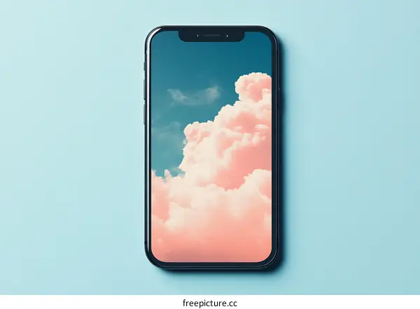 Smartphone with Pink Cloud Wallpaper on a Blue Background