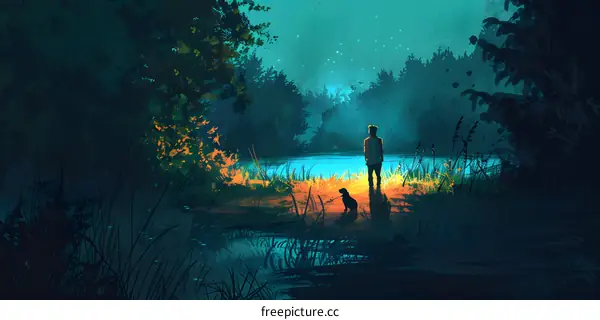 Silhouette of Man and Dog by the Lake at Night