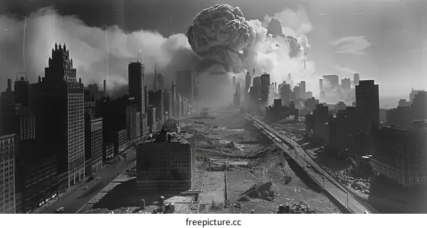 Black and white photo of a city with a mushroom cloud in the background