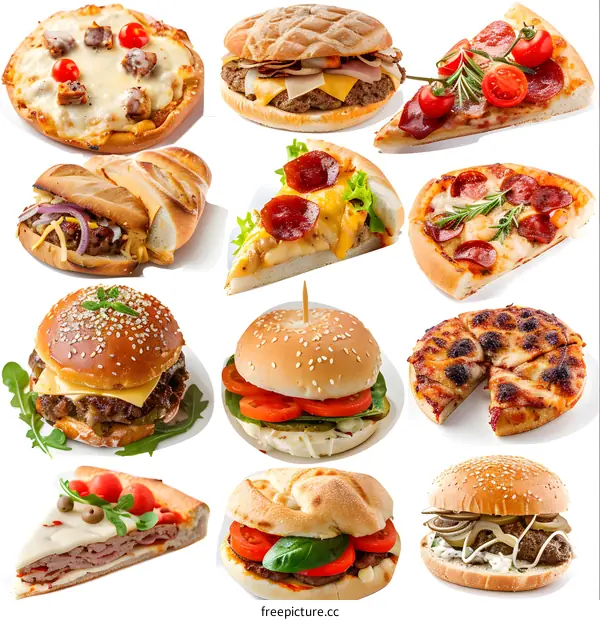 Variety of Fast Food Options: Pizza, Burgers, and Sandwiches