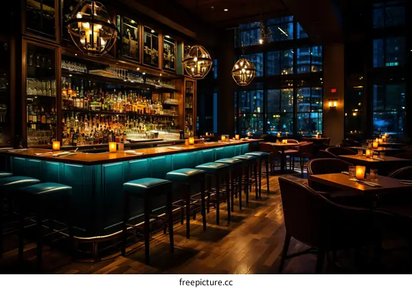 Elegant bar interior with blue bar stools and large windows