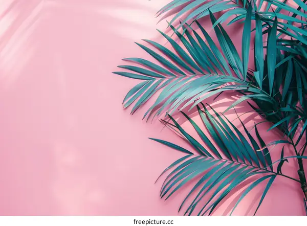 Green Palm Leaves on Pink Background