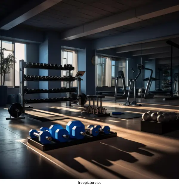 Modern Home Gym with Blue Dumbbells and Barbells