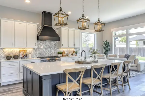 Modern Farmhouse Kitchen with Island and Large Windows