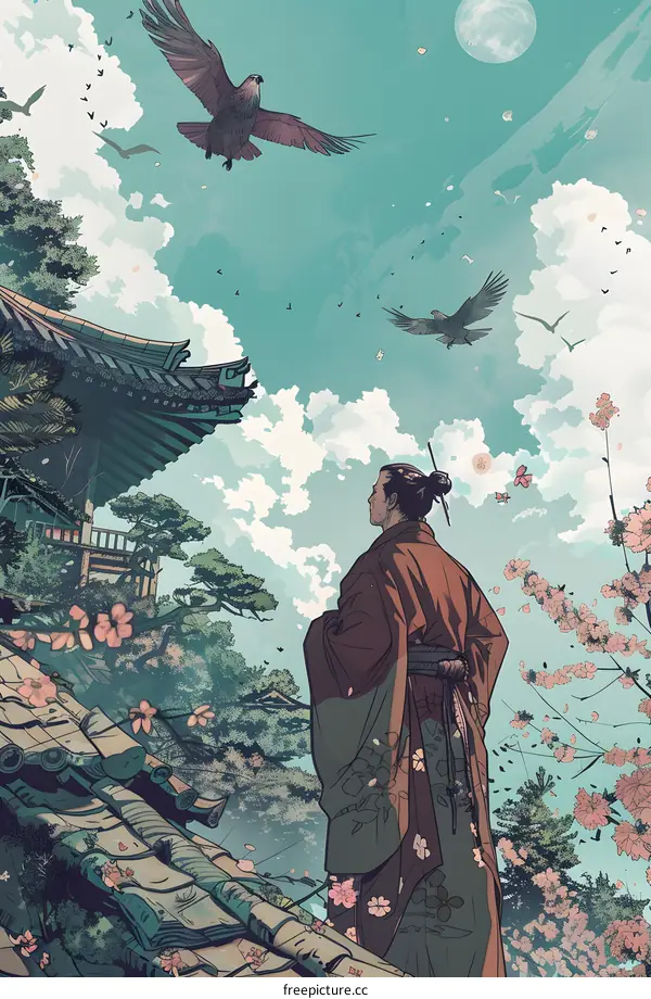 Man in Kimono Standing in Front of Japanese Temple with Birds Flying in the Sky