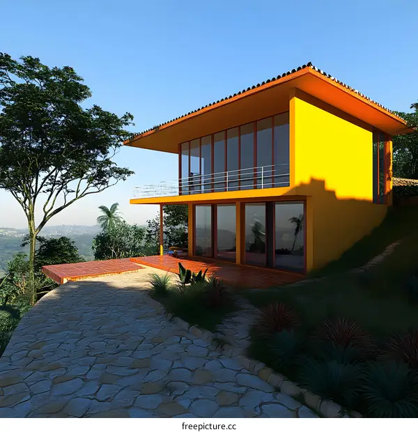 Modern House Design with Yellow Walls and Large Windows Overlooking Forest