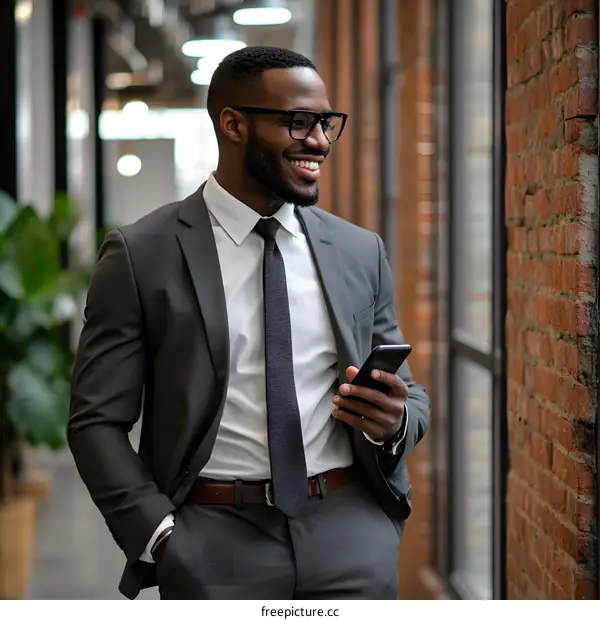 Smiling African American Businessman in Suit Using Smartphone