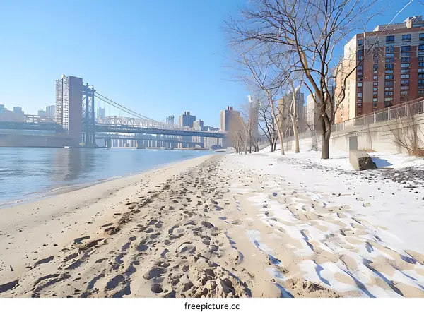 Snowy Winter Beach with Bridge View