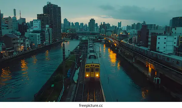 A train passing through a city at night