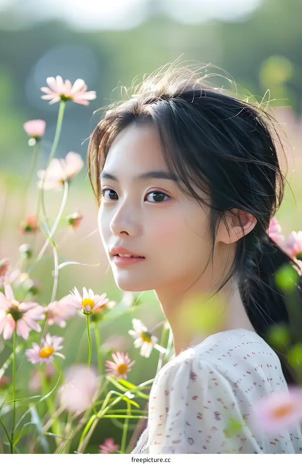 Asian Woman with Long Black Hair Posing in a Field of Pink Flowers
