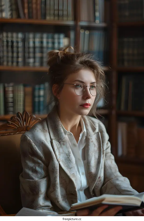 portrait of a beautiful young woman reading a book in a library