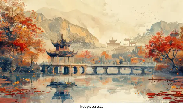 Vibrant Oriental Pavilion in Autumn Landscape with Arched Bridge
