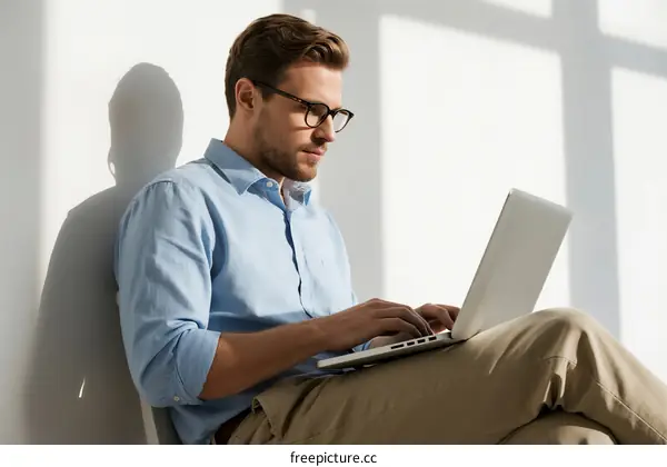 A man wearing glasses working on a laptop indoors