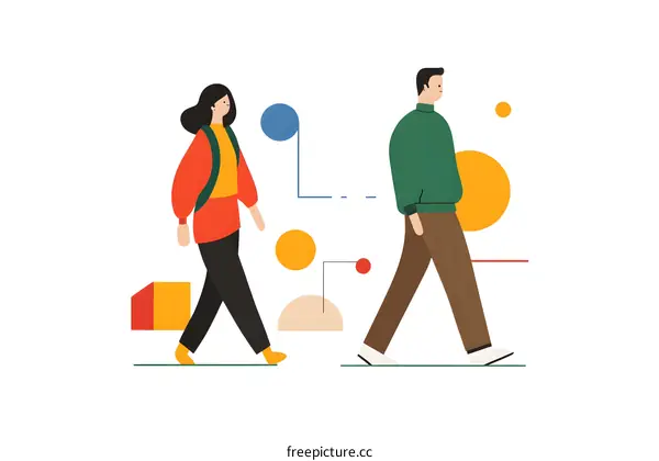 Couple Walking Together in an Abstract Geometric World